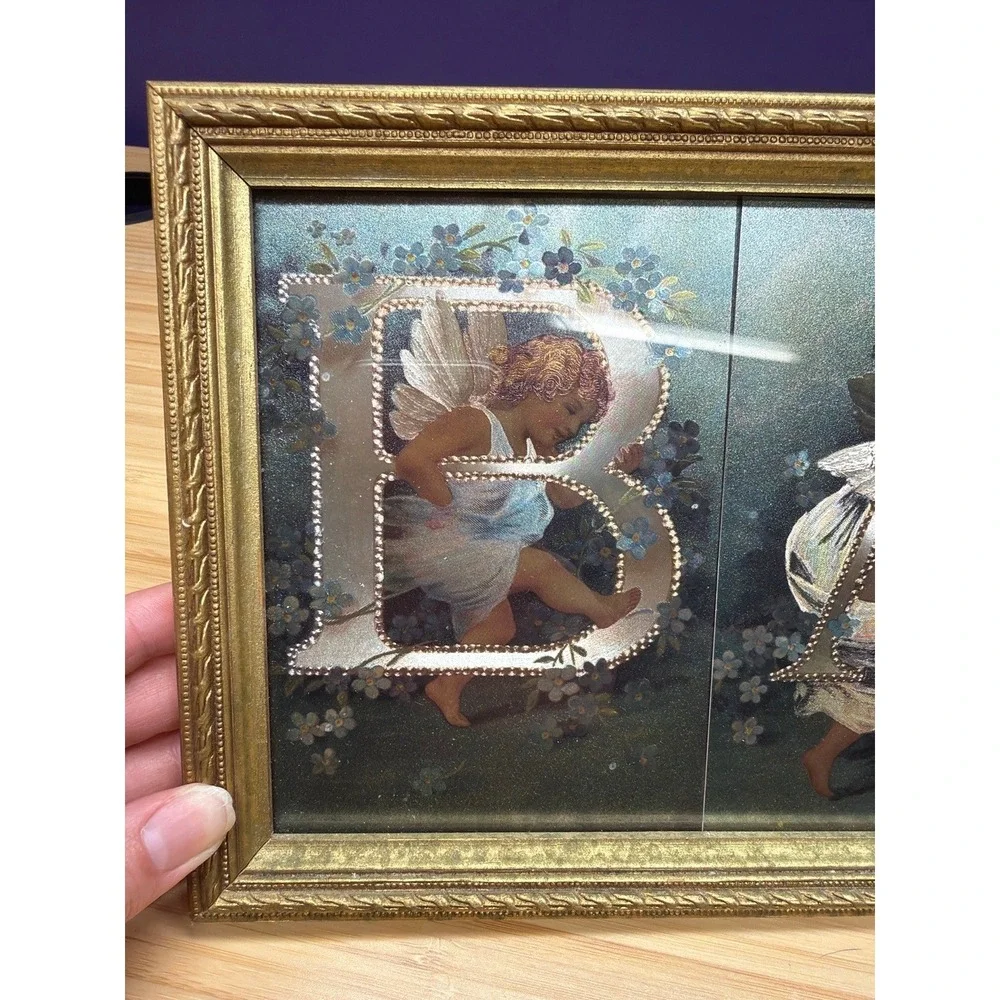 Vintage Framed‎ BATH Cherub Angel Bathroom Wall Art Gold Frame 17.5x7